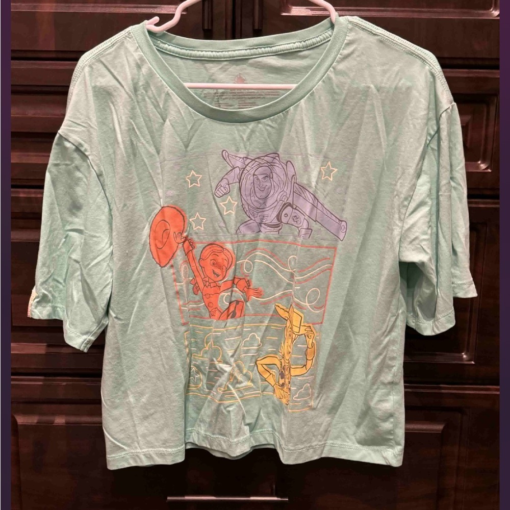 Disney Green T-Shirt with Toy Story Characters oversized SMALL crop top